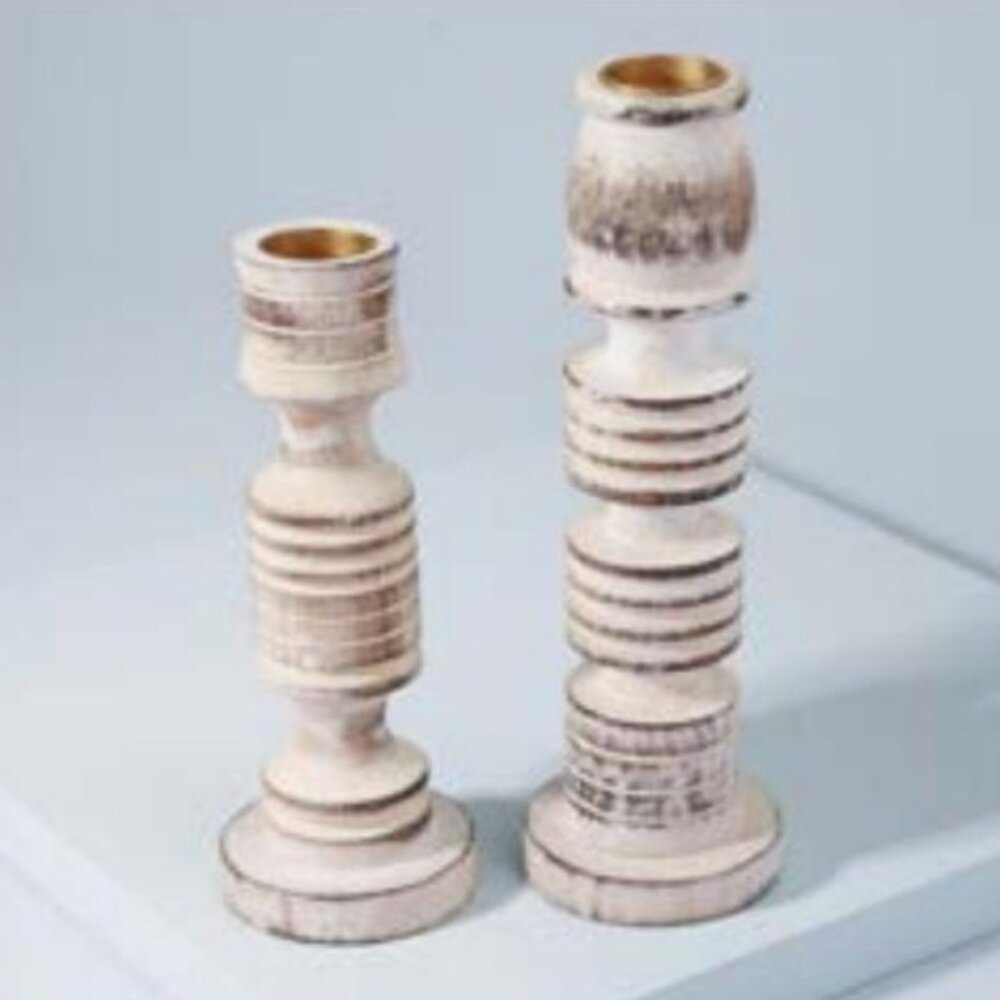 Hand-Carved Mango Wood Candle Holder Set - Made in India